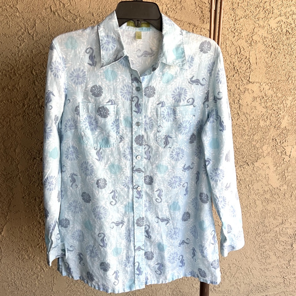 Sigrid Olsen Linen Button Front See Scape Top Size M